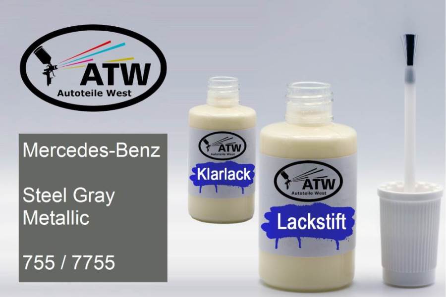 Mercedes-Benz, Steel Gray Metallic, 755 / 7755: 20ml Lackstift + 20ml Klarlack - Set, von ATW Autoteile West.